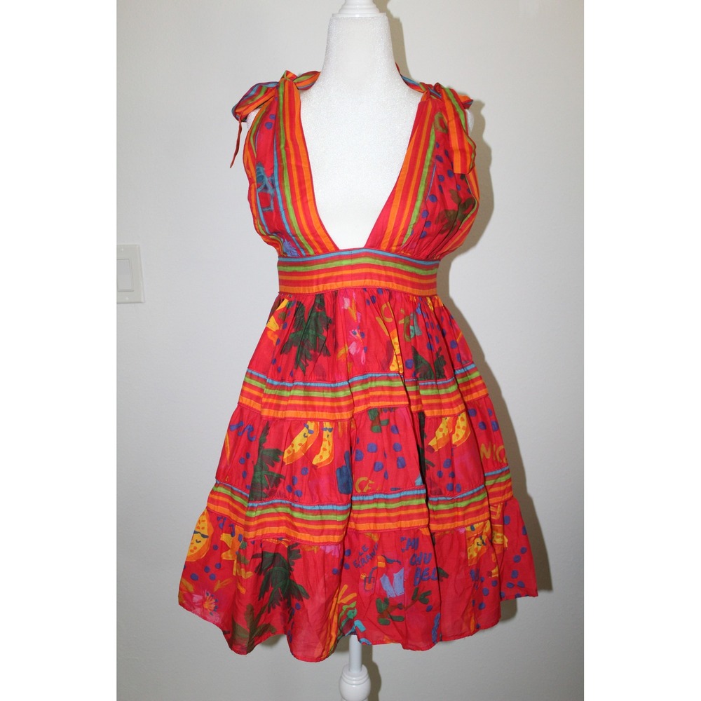 FARM Rio Red Multicolor Tie-Shoulder Mini Dress